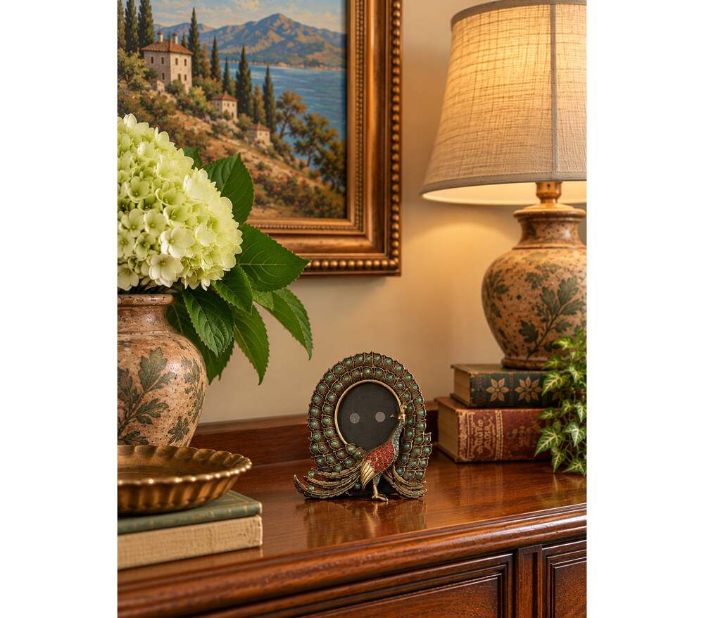 Vintage Pier 1 Jeweled Peacock Metal Frame